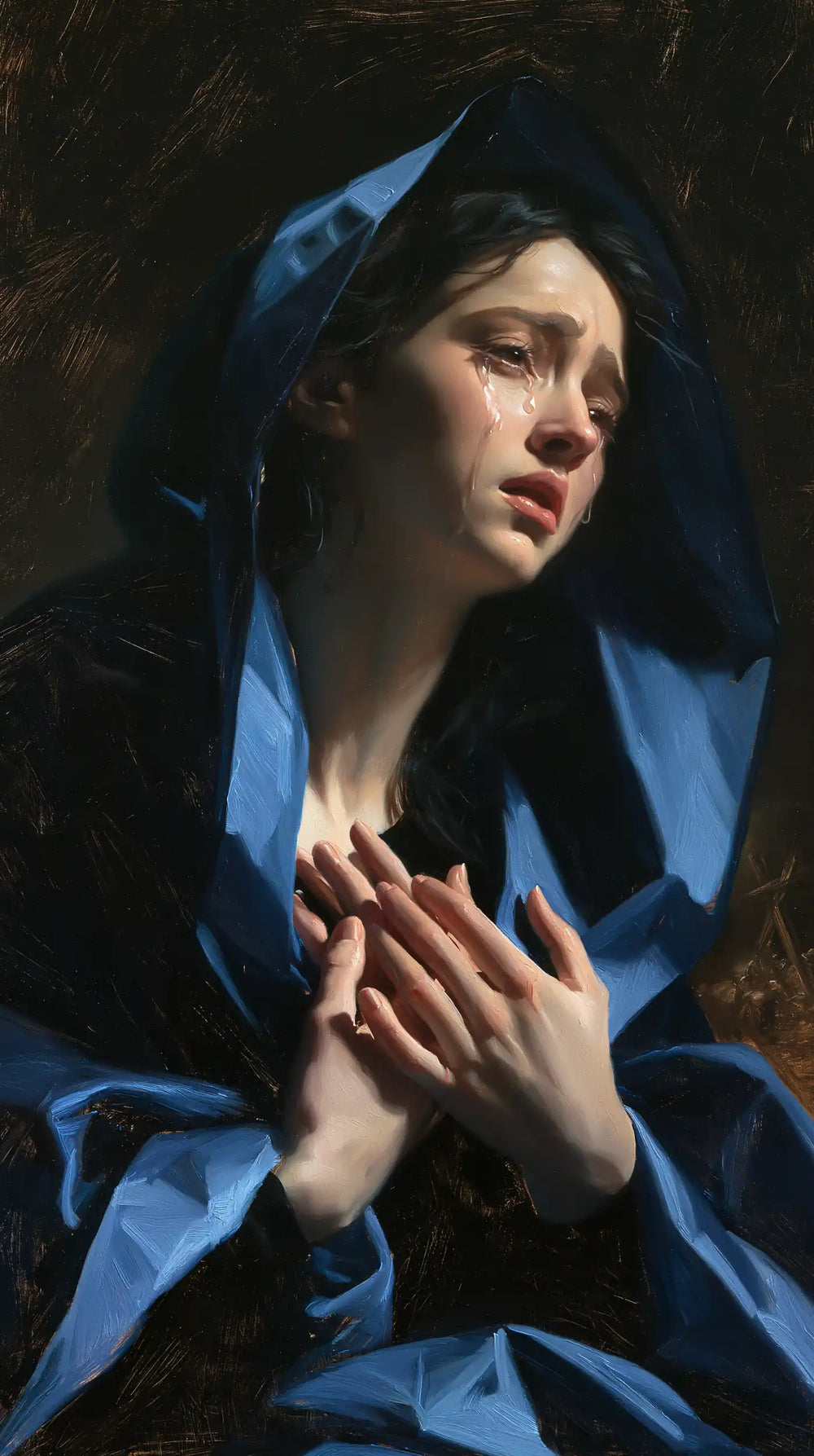 Mary experiencing profound maternal sorrow in Profound Maternal Sorrow style, portrait Christian artwork no. 6