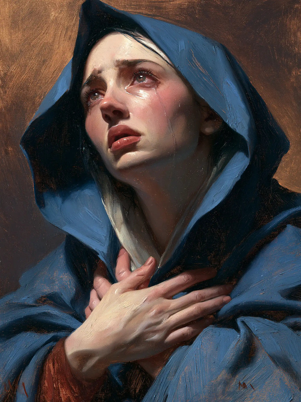 Mary experiencing profound maternal sorrow in Profound Maternal Sorrow style, portrait Christian artwork no. 11