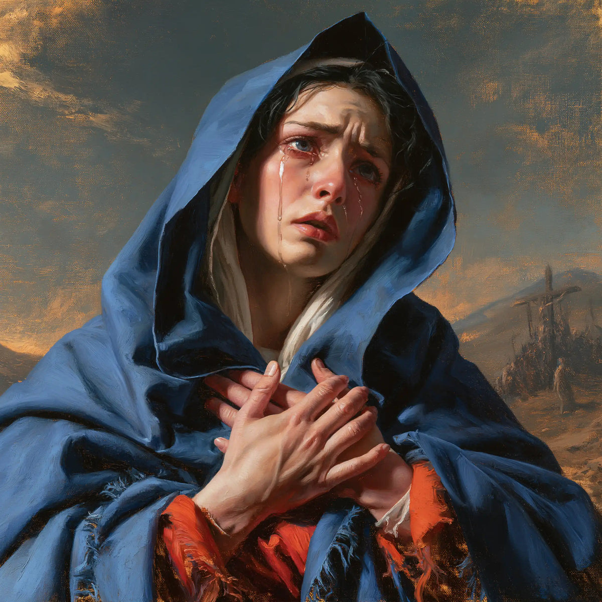 Mary experiencing profound maternal sorrow in Profound Maternal Sorrow style, square Christian artwork no. 7