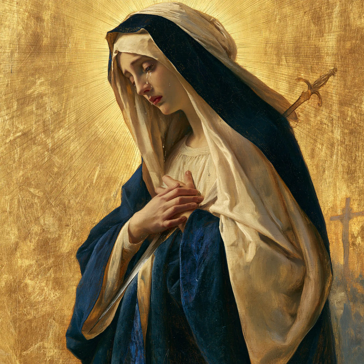 Our Lady of Sorrows in sacred golden light in Sacred Gold style, square Christian artwork no. 2