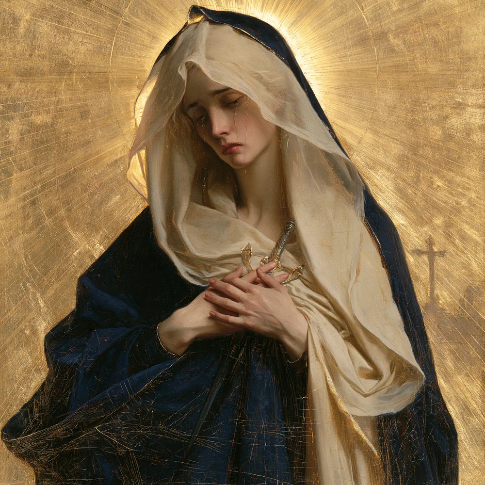 Our Lady of Sorrows in sacred golden light in Sacred Gold style, square Christian artwork no. 9