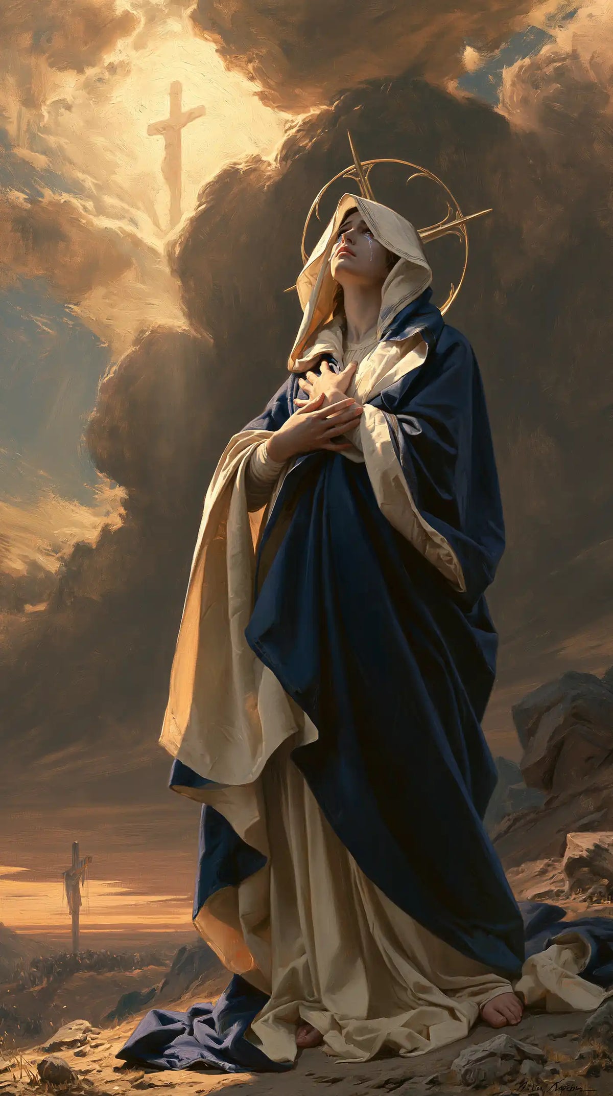 Our Lady of Sorrows in a monumental sacred view in Sacred Monumental View style, portrait Christian artwork no. 9