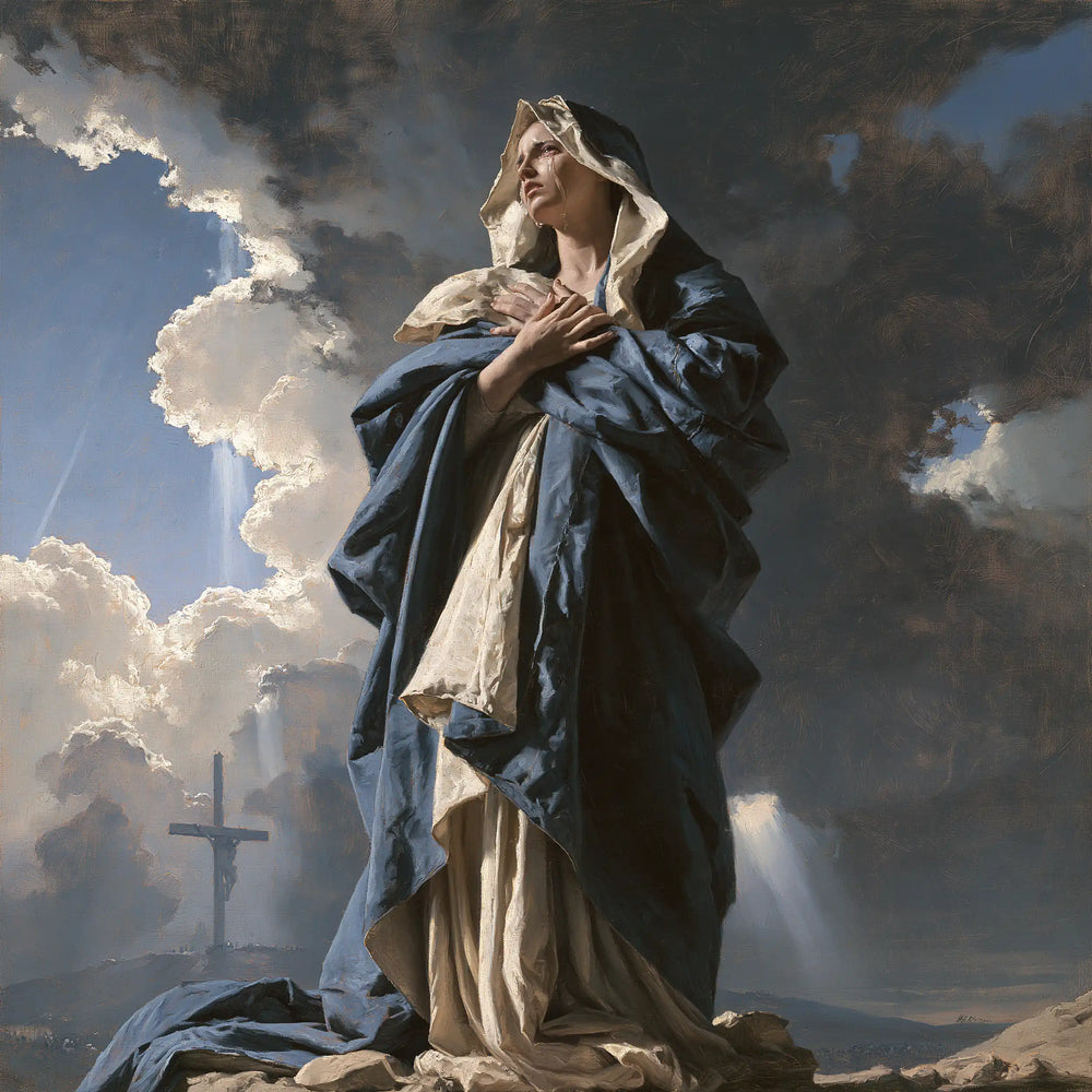 Our Lady of Sorrows in a monumental sacred view in Sacred Monumental View style, square Christian artwork no. 5
