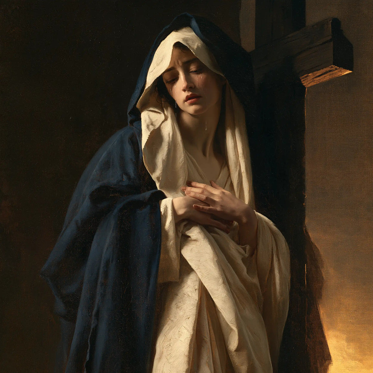 Our Lady of Sorrows between grief and hope in Sorrow and Hope style, square Christian artwork no. 1