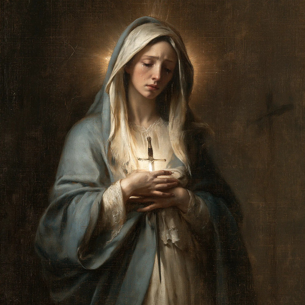 Our Lady of Sorrows with the Sword of Simeon in The Sword of Simeon style, square Christian artwork no. 6
