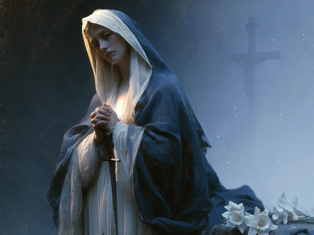 Our Lady of Sorrows in a symbolist composition in Symbolist style, landscape Christian artwork no. 2