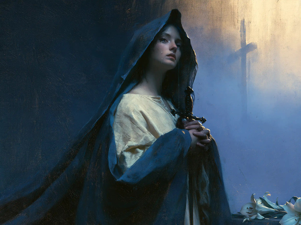 Our Lady of Sorrows in a symbolist composition in Symbolist style, landscape Christian artwork no. 3