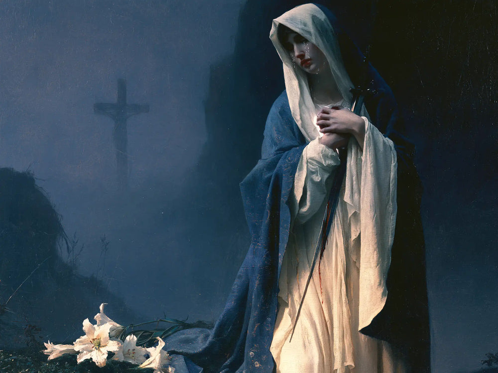Our Lady of Sorrows in a symbolist composition in Symbolist style, landscape Christian artwork no. 5