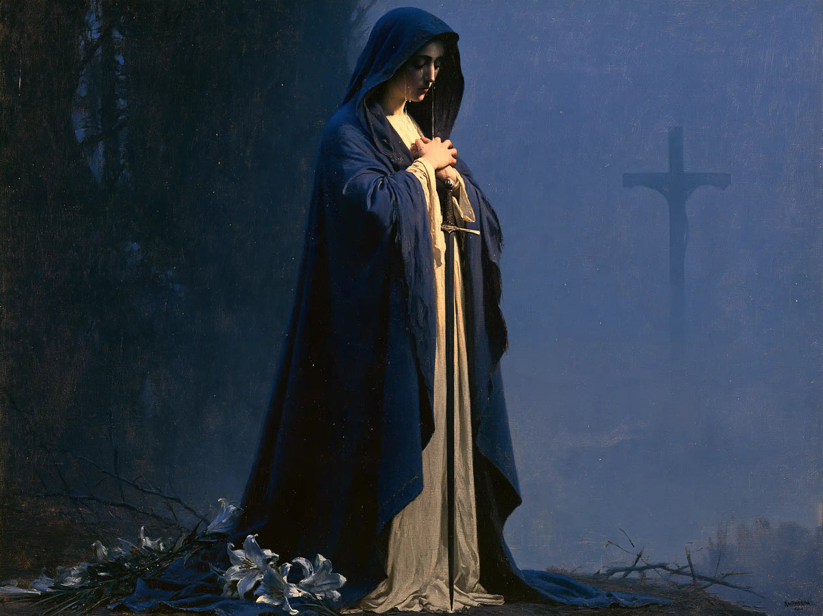 Our Lady of Sorrows in a symbolist composition in Symbolist style, landscape Christian artwork no. 6