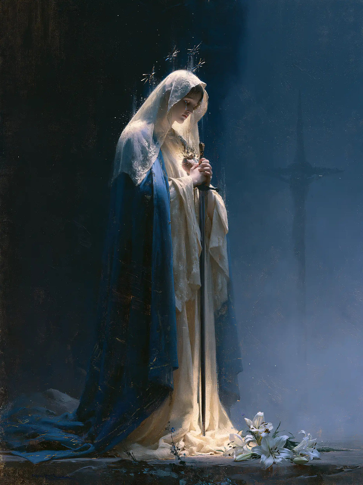Our Lady of Sorrows in a symbolist composition in Symbolist style, portrait Christian artwork no. 11