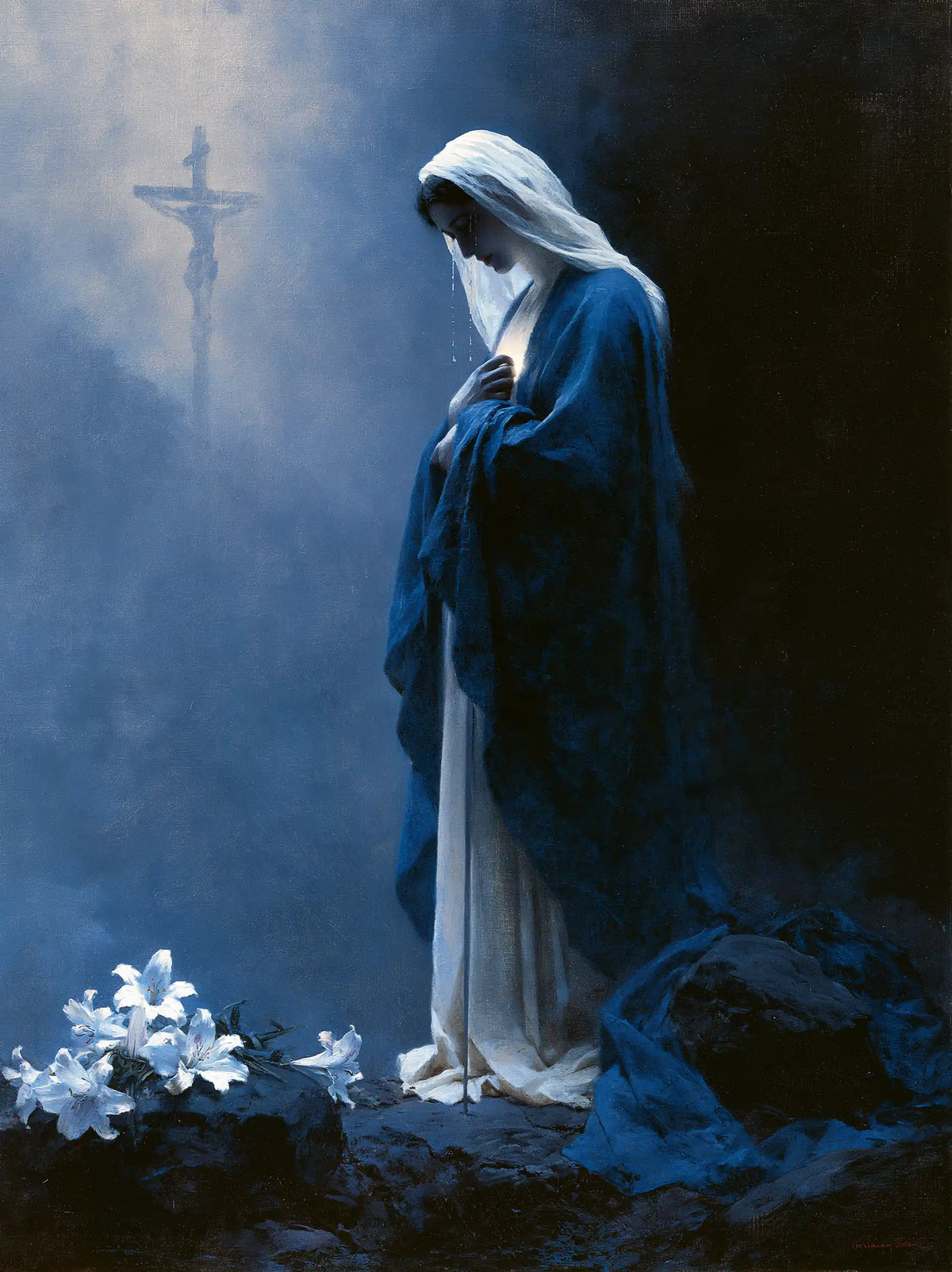 Our Lady of Sorrows in a symbolist composition in Symbolist style, portrait Christian artwork no. 20