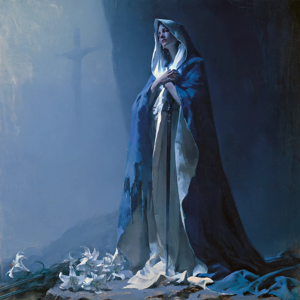 Our Lady of Sorrows in a symbolist composition in Symbolist style, square Christian artwork no. 9