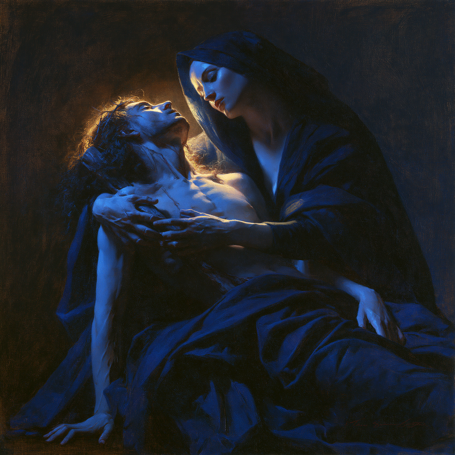 La Pietà — Clair-obscur bleu nuit · Carré n° 1