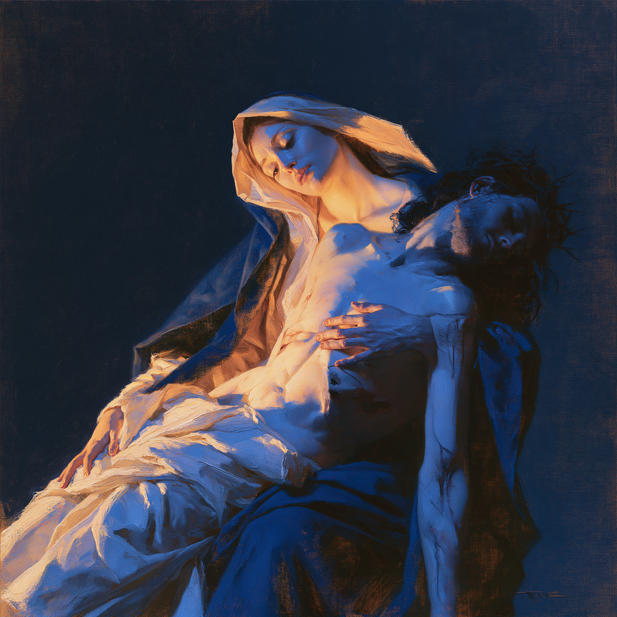 La Pietà — Clair-obscur bleu nuit · Carré n° 2
