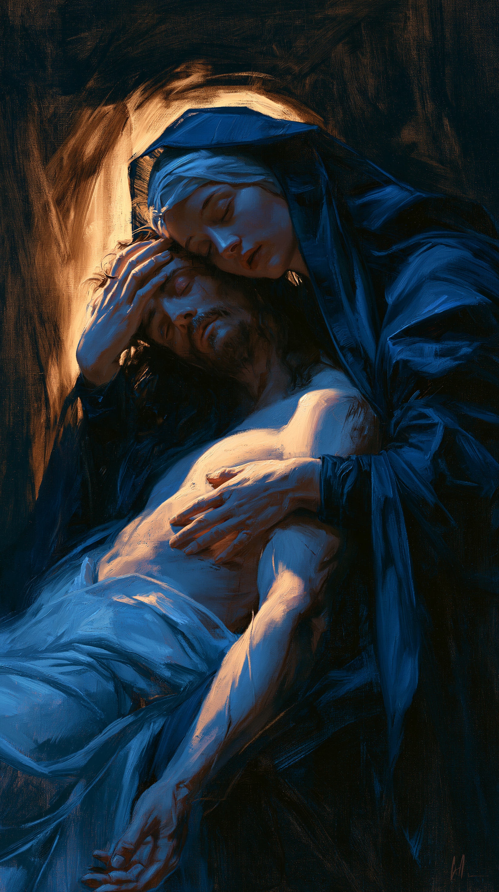 La Pietà — Clair-obscur bleu nuit · Portrait n° 2 — aperçu de la finition sélectionnée