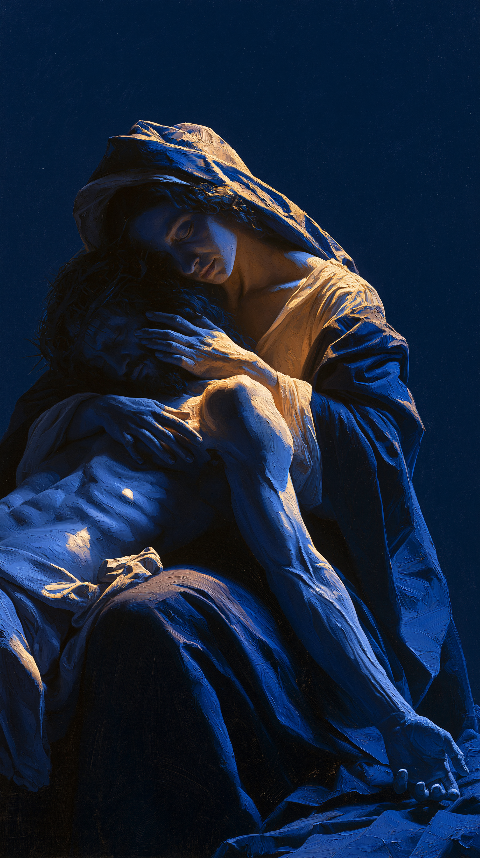 La Pietà — Clair-obscur bleu nuit · Portrait n° 3 — aperçu de la finition sélectionnée