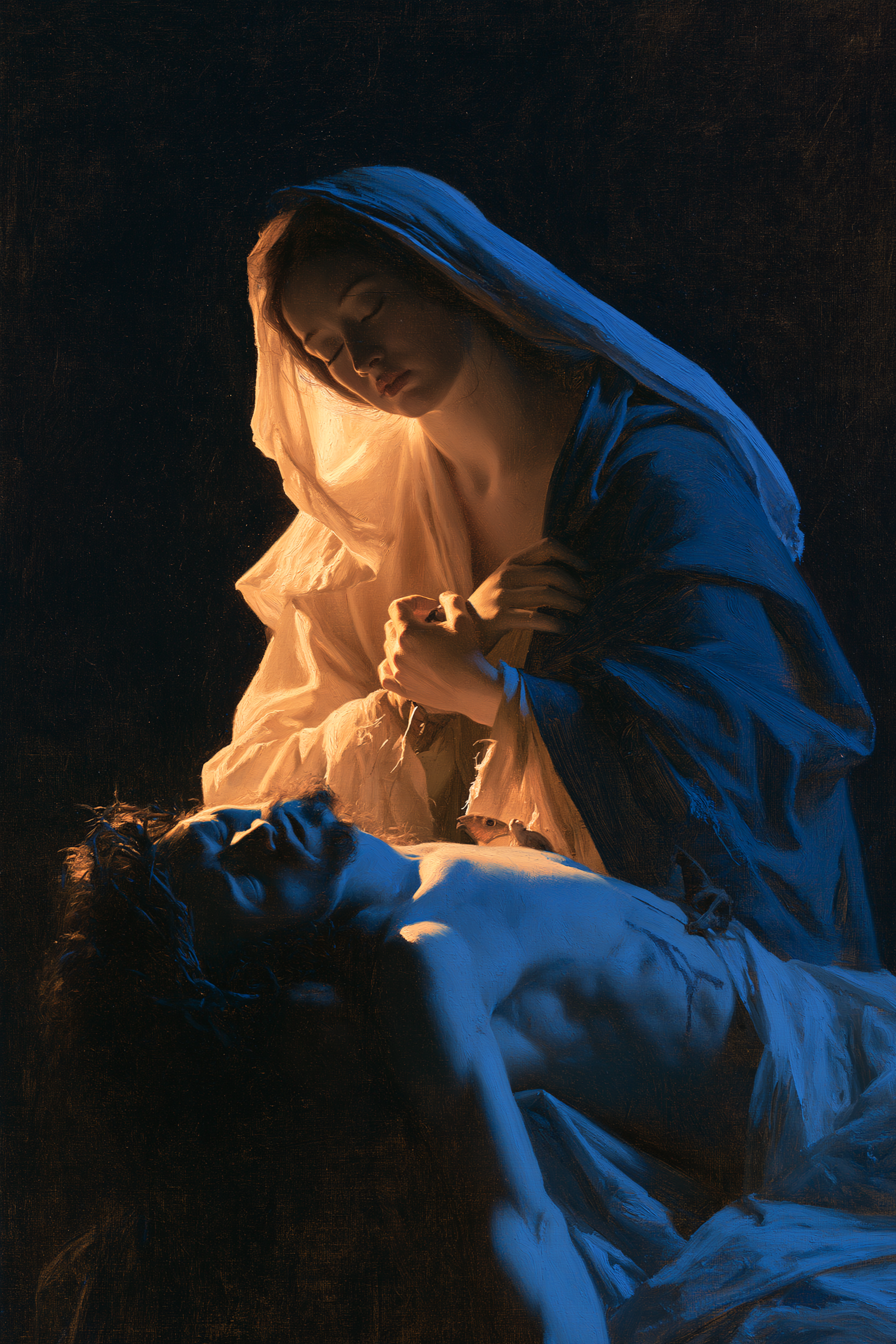 La Pietà — Clair-obscur bleu nuit · Portrait n° 4 — aperçu de la finition sélectionnée