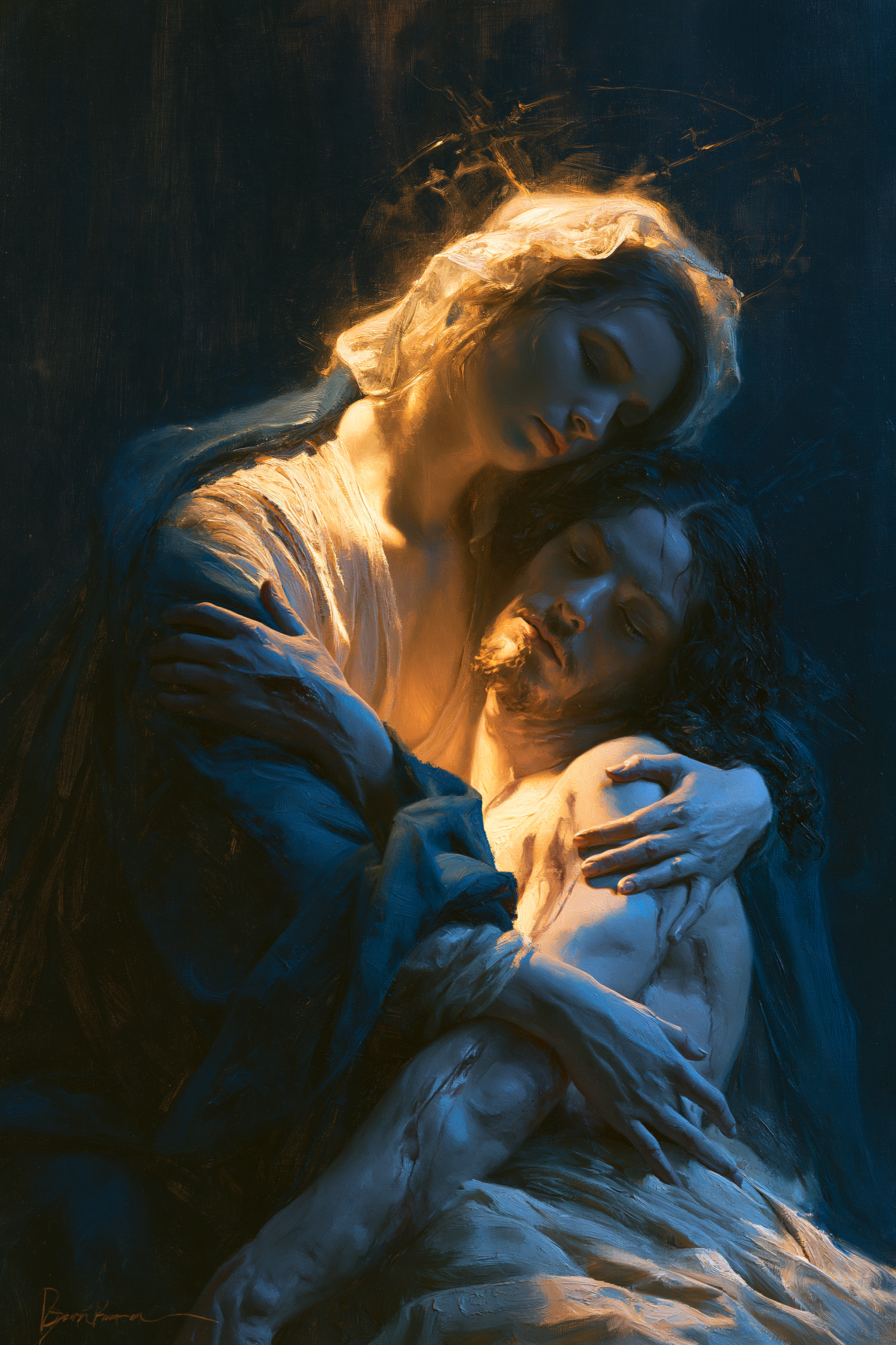 La Pietà — Clair-obscur bleu nuit · Portrait n° 6 — aperçu de la finition sélectionnée