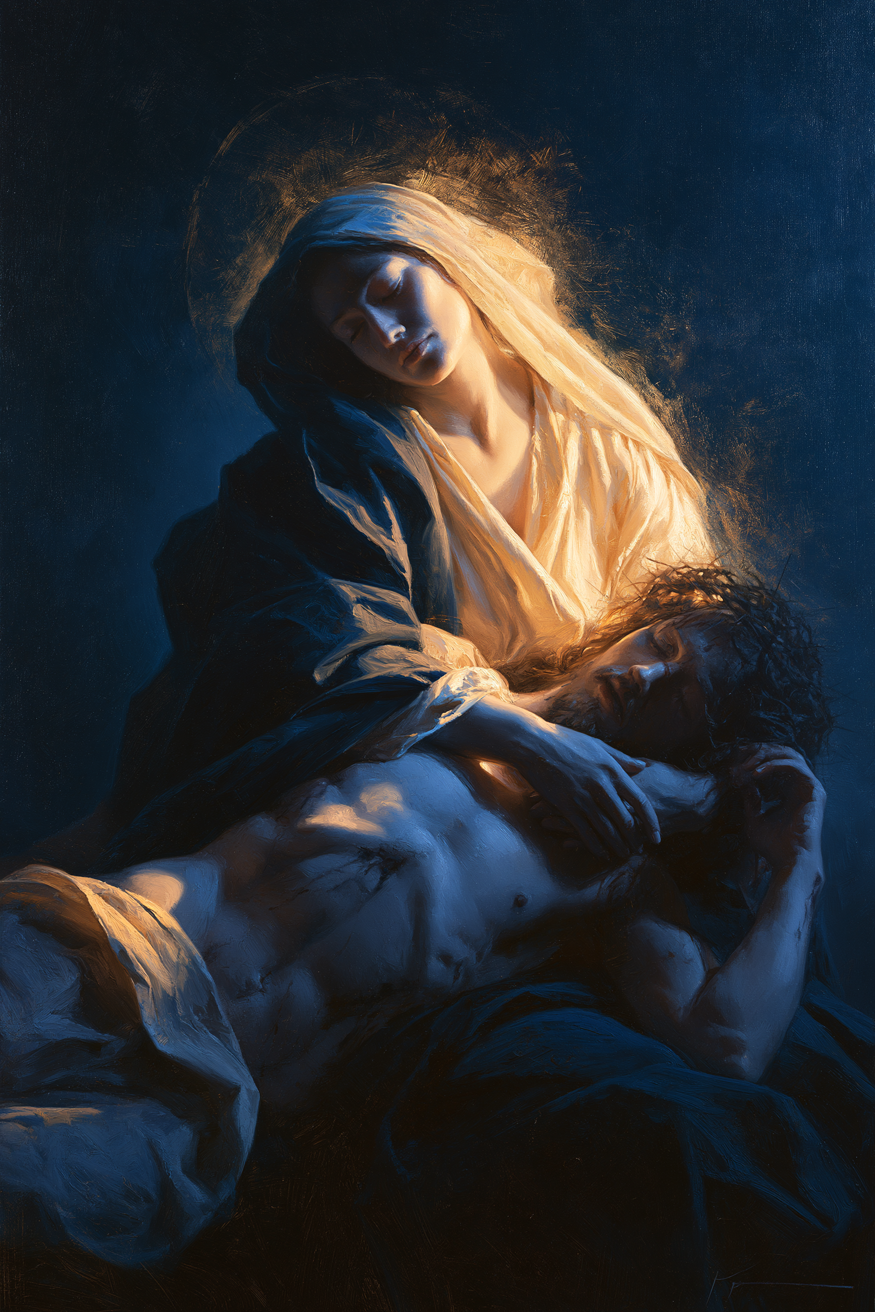 La Pietà — Clair-obscur bleu nuit · Portrait n° 7 — aperçu de la finition sélectionnée
