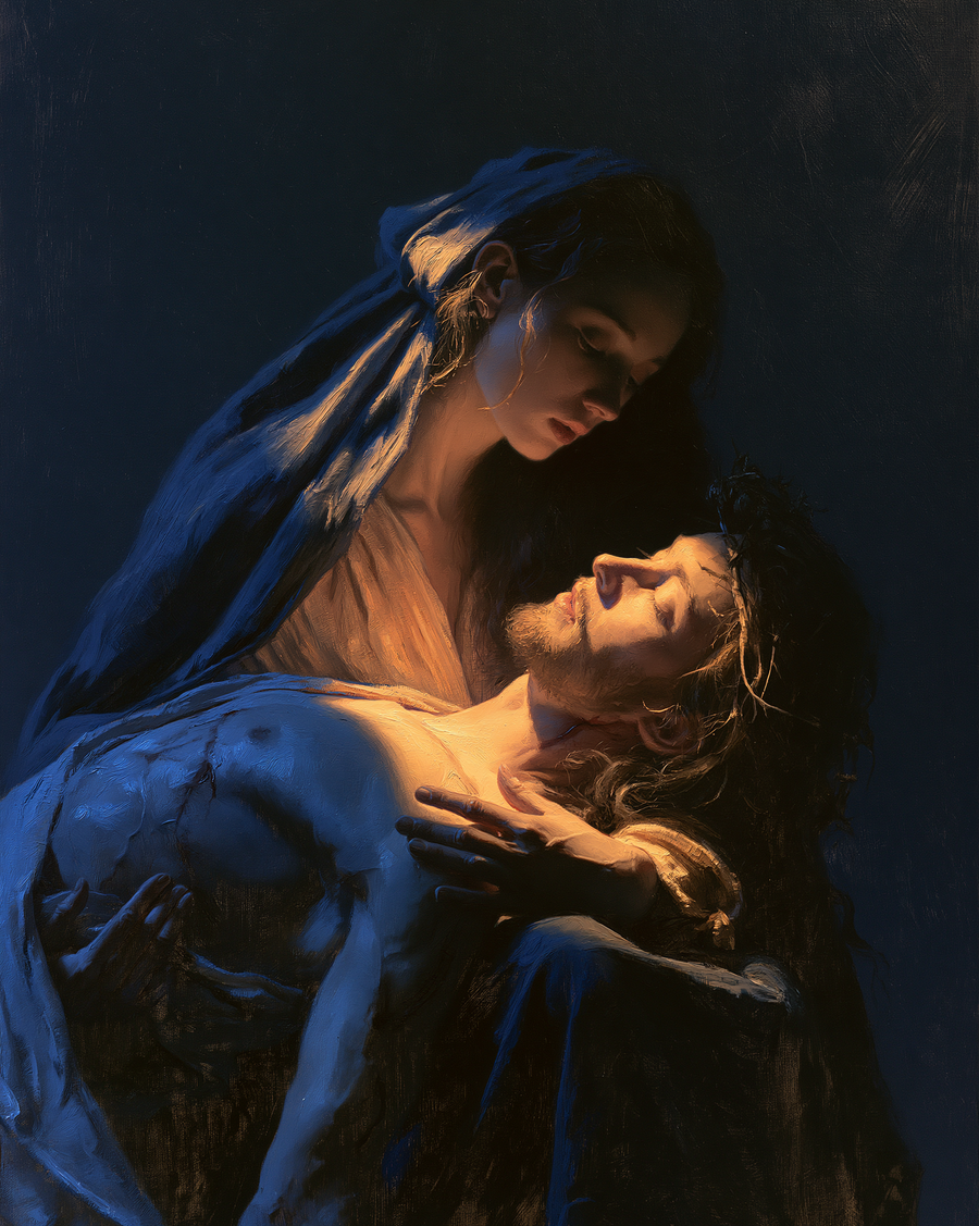 La Pietà — Clair-obscur bleu nuit · Portrait n° 10
