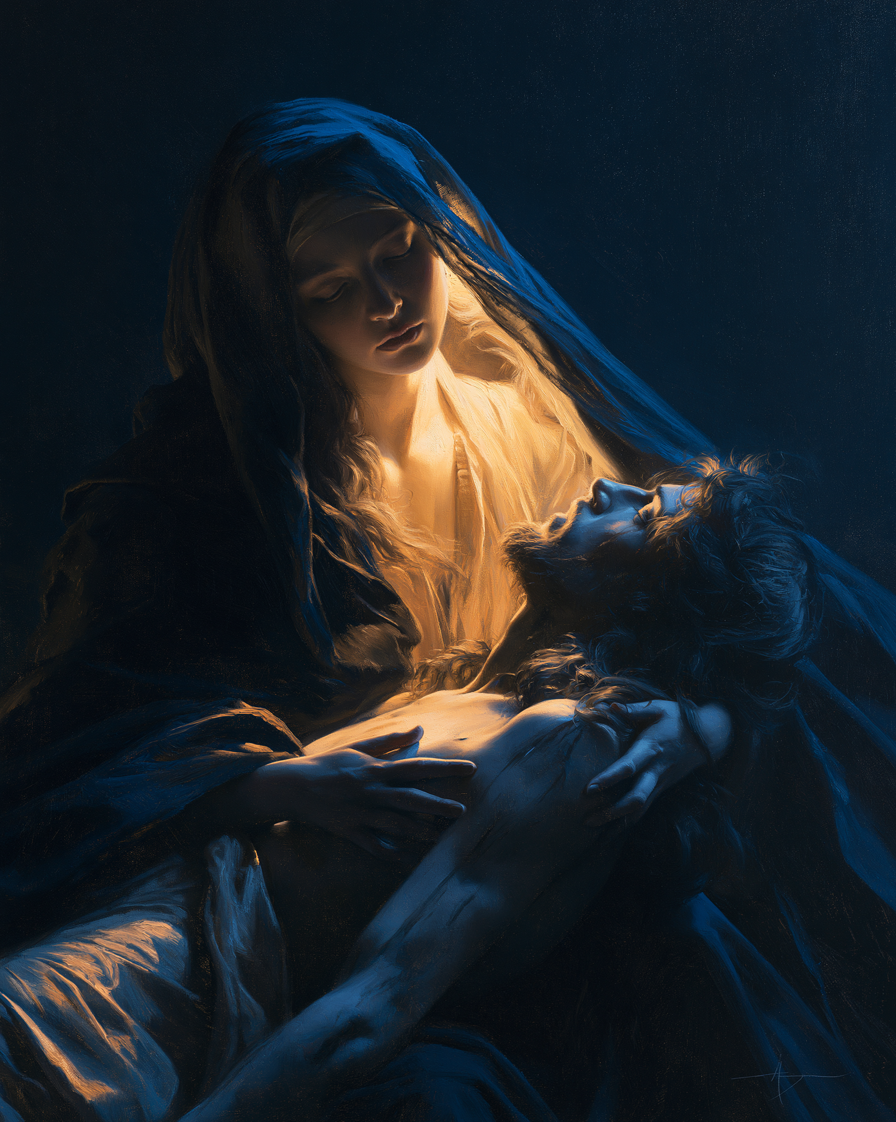 La Pietà — Clair-obscur bleu nuit · Portrait n° 11 — aperçu de la finition sélectionnée