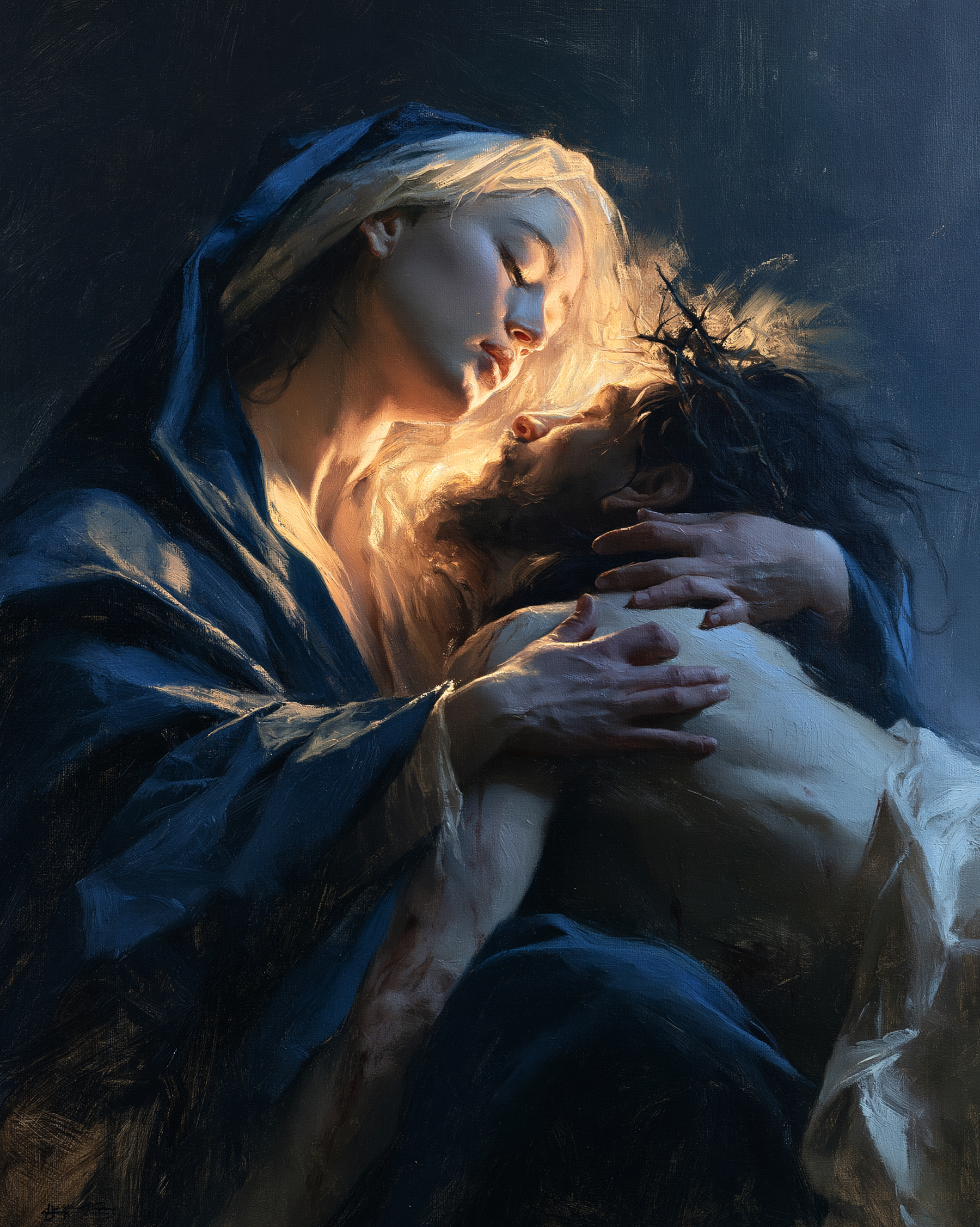La Pietà — Clair-obscur bleu nuit · Portrait n° 12 — aperçu de la finition sélectionnée