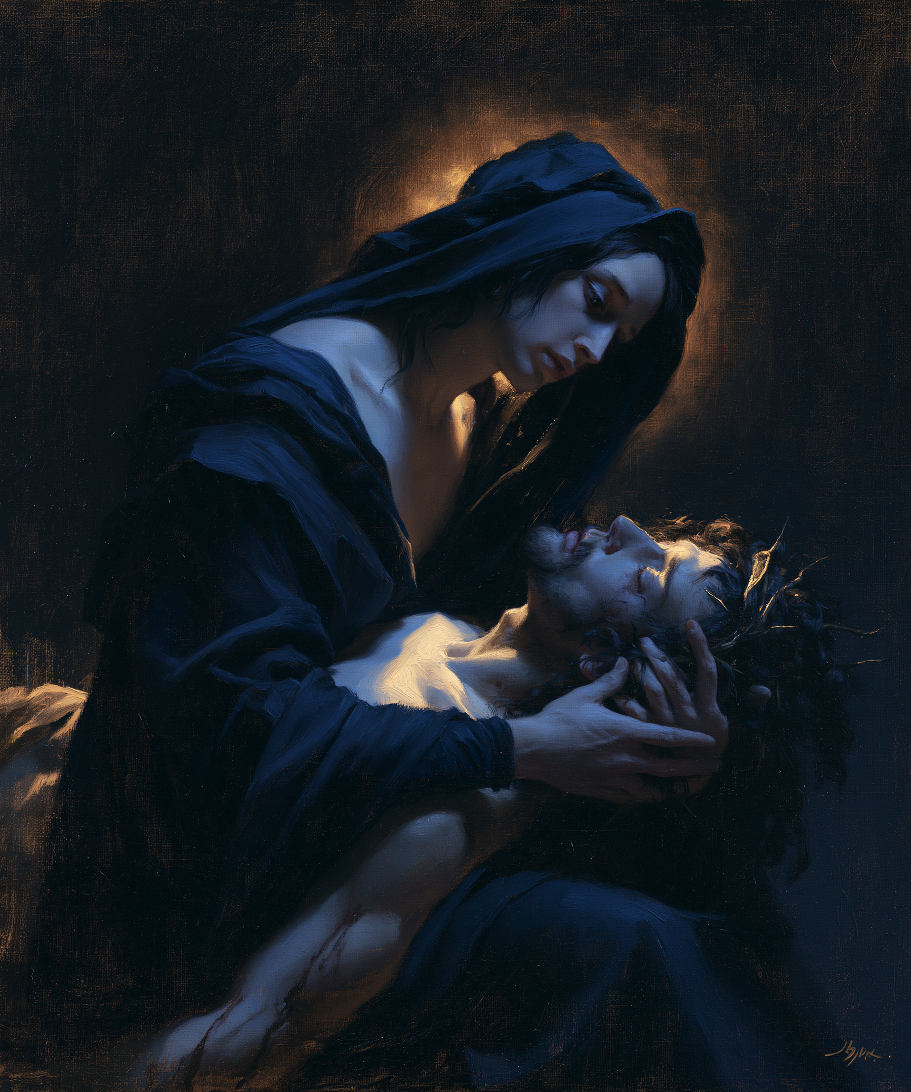 La Pietà — Clair-obscur bleu nuit · Portrait n° 13 — aperçu de la finition sélectionnée