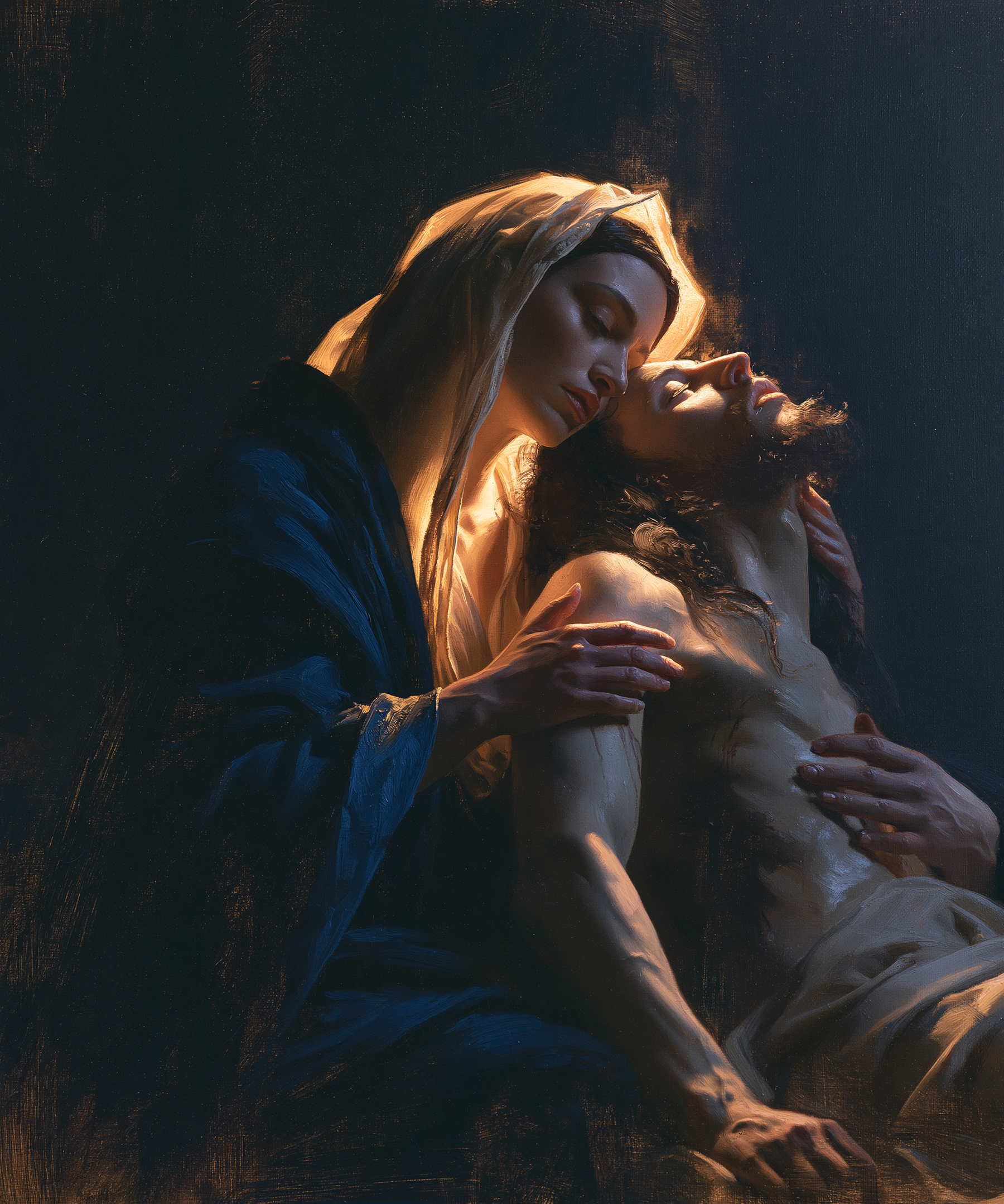 La Pietà — Clair-obscur bleu nuit · Portrait n° 15 — aperçu de la finition sélectionnée