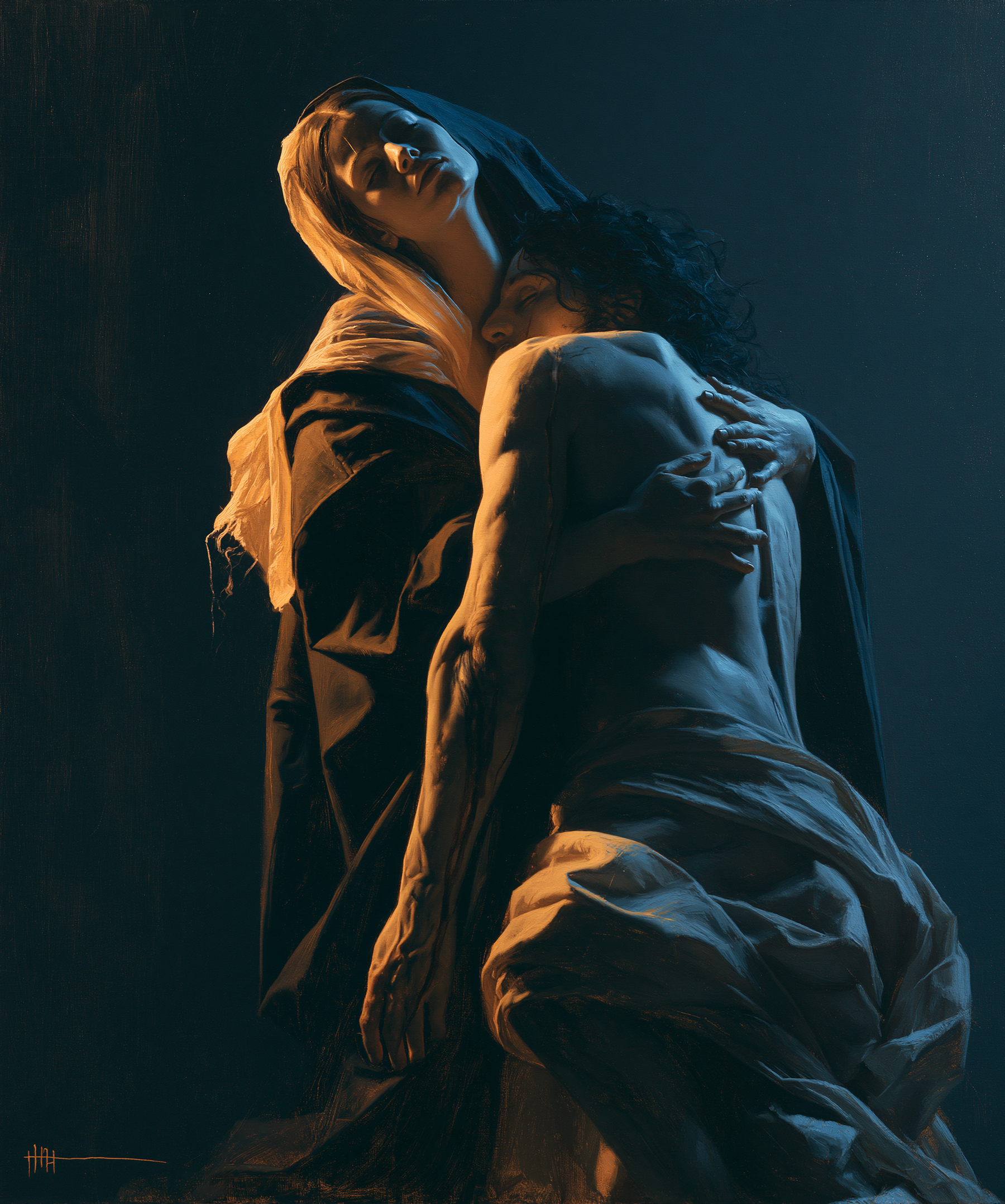 La Pietà — Clair-obscur bleu nuit · Portrait n° 16 — aperçu de la finition sélectionnée