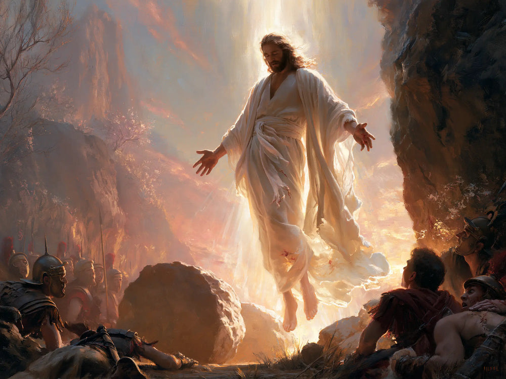 Resurrection of Jesus Christ in Divine Light style, landscape Christian artwork no. 9