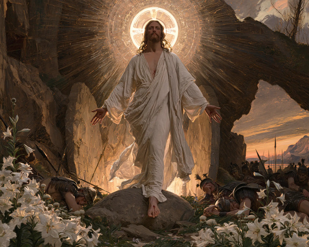 Resurrection of Jesus Christ in Expressionist style, landscape Christian artwork no. 4
