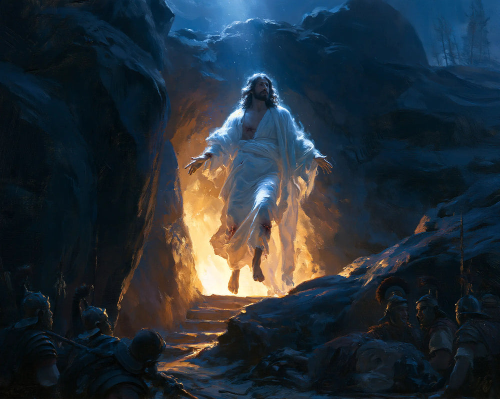 Resurrection of Jesus Christ in Midnight-blue Chiaroscuro style, landscape Christian artwork no. 7