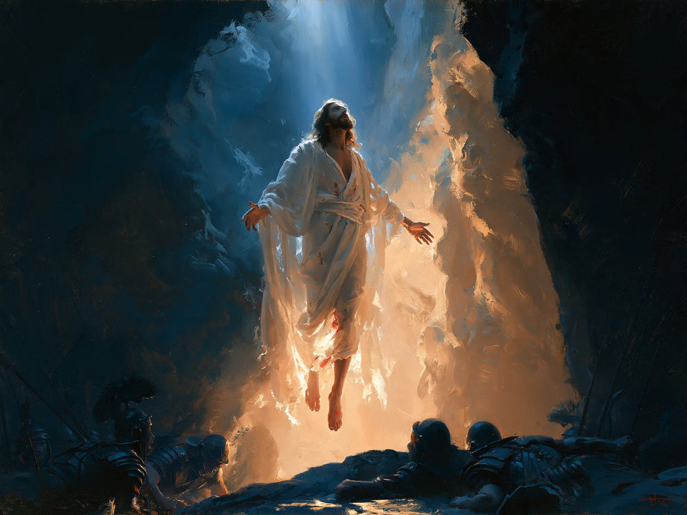 Resurrection of Jesus Christ in Midnight-blue Chiaroscuro style, landscape Christian artwork no. 10