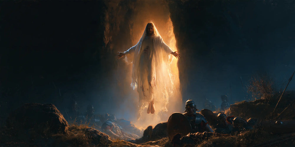 Resurrection of Jesus Christ in Midnight-blue Chiaroscuro style, landscape Christian artwork no. 23