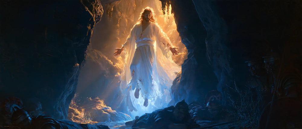 Resurrection of Jesus Christ in Midnight-blue Chiaroscuro style, landscape Christian artwork no. 27