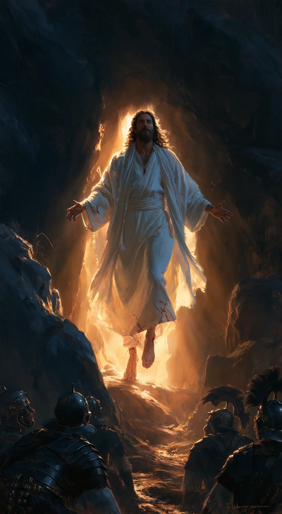 Resurrection of Jesus Christ in Midnight-blue Chiaroscuro style, portrait Christian artwork no. 5