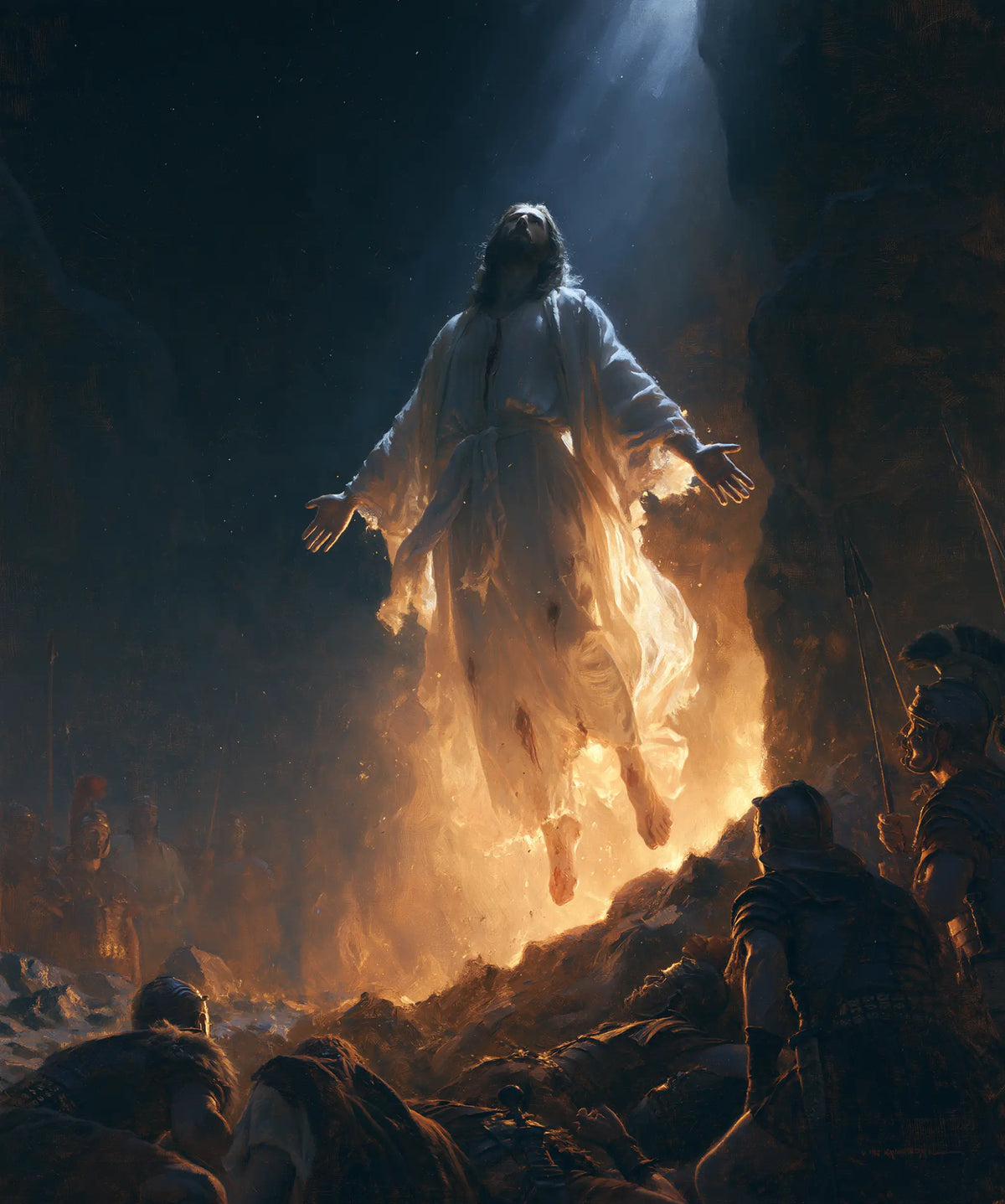 Resurrection of Jesus Christ in Midnight-blue Chiaroscuro style, portrait Christian artwork no. 24