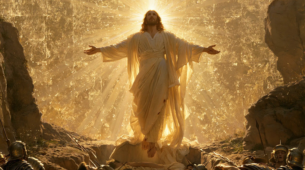 Resurrection of Jesus Christ in Sacred Gold style, landscape Christian artwork no. 16