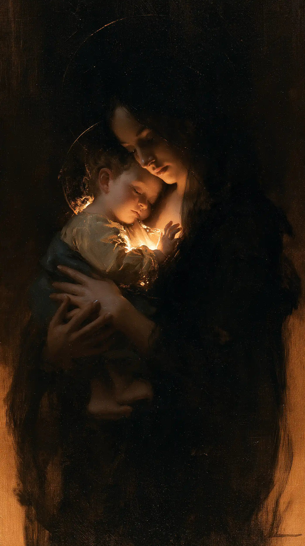 the Virgin Mary holding the Child Jesus in Black and Gold style, portrait Christian artwork no. 8