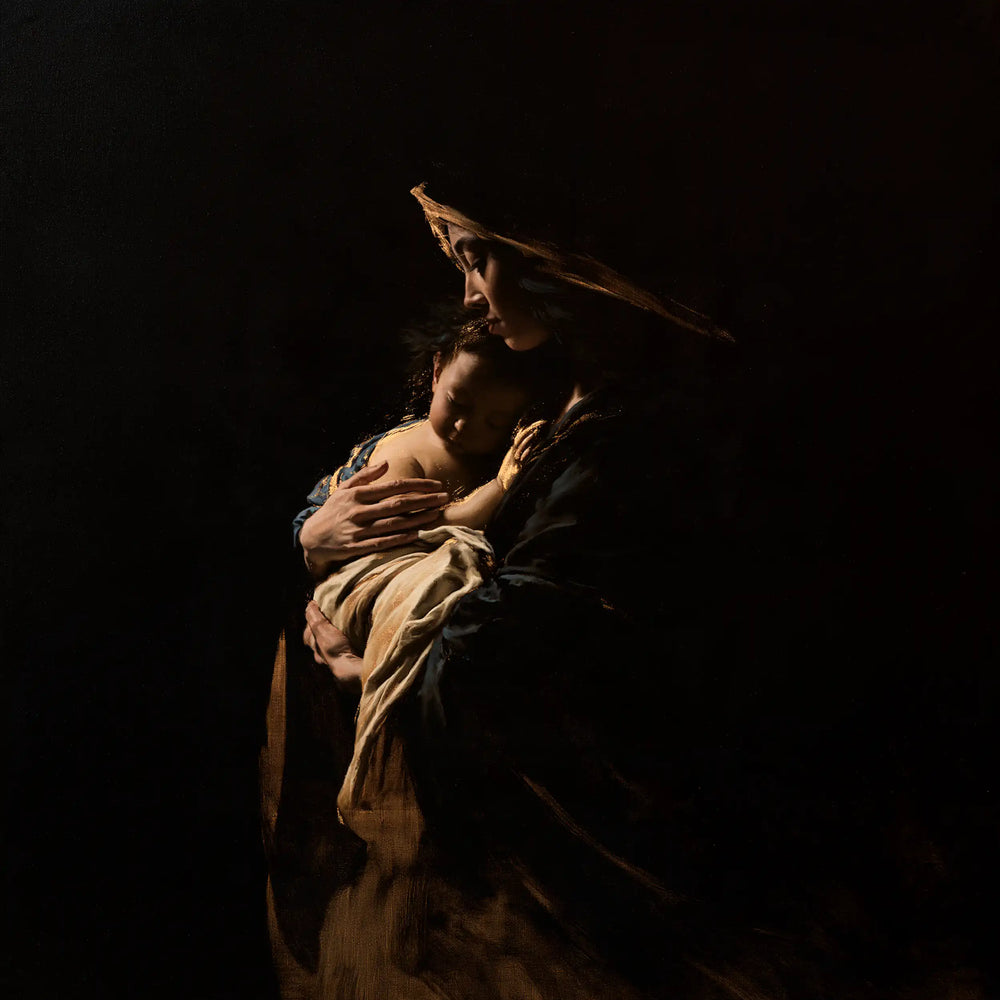 the Virgin Mary holding the Child Jesus in Black and Gold style, square Christian artwork no. 7