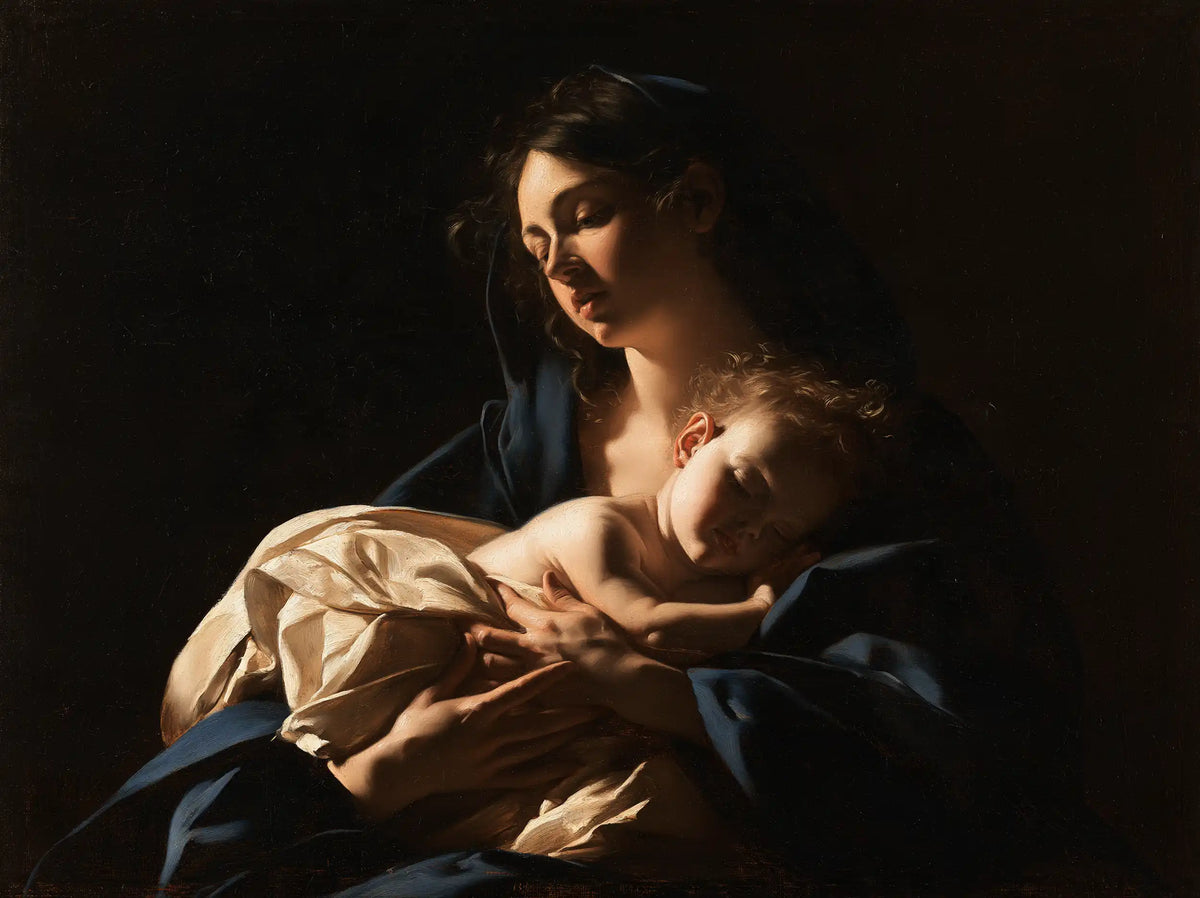 the Virgin Mary holding the Child Jesus in Caravaggio Tenebrism style, landscape Christian artwork no. 2