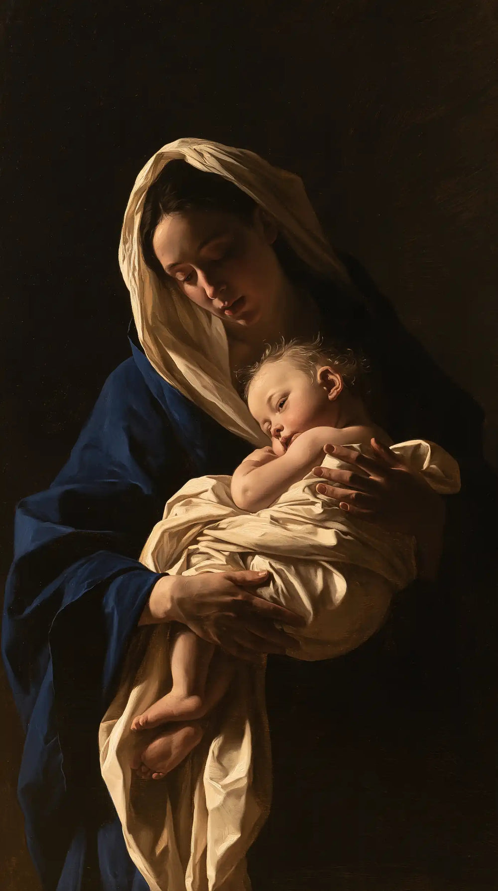 the Virgin Mary holding the Child Jesus in Caravaggio Tenebrism style, portrait Christian artwork no. 12
