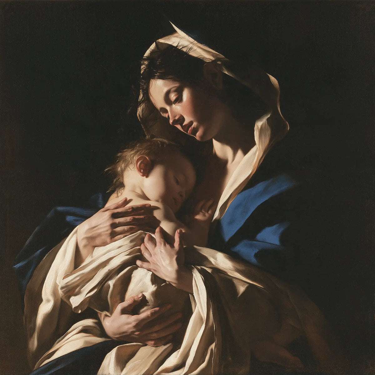 the Virgin Mary holding the Child Jesus in Caravaggio Tenebrism style, square Christian artwork no. 3