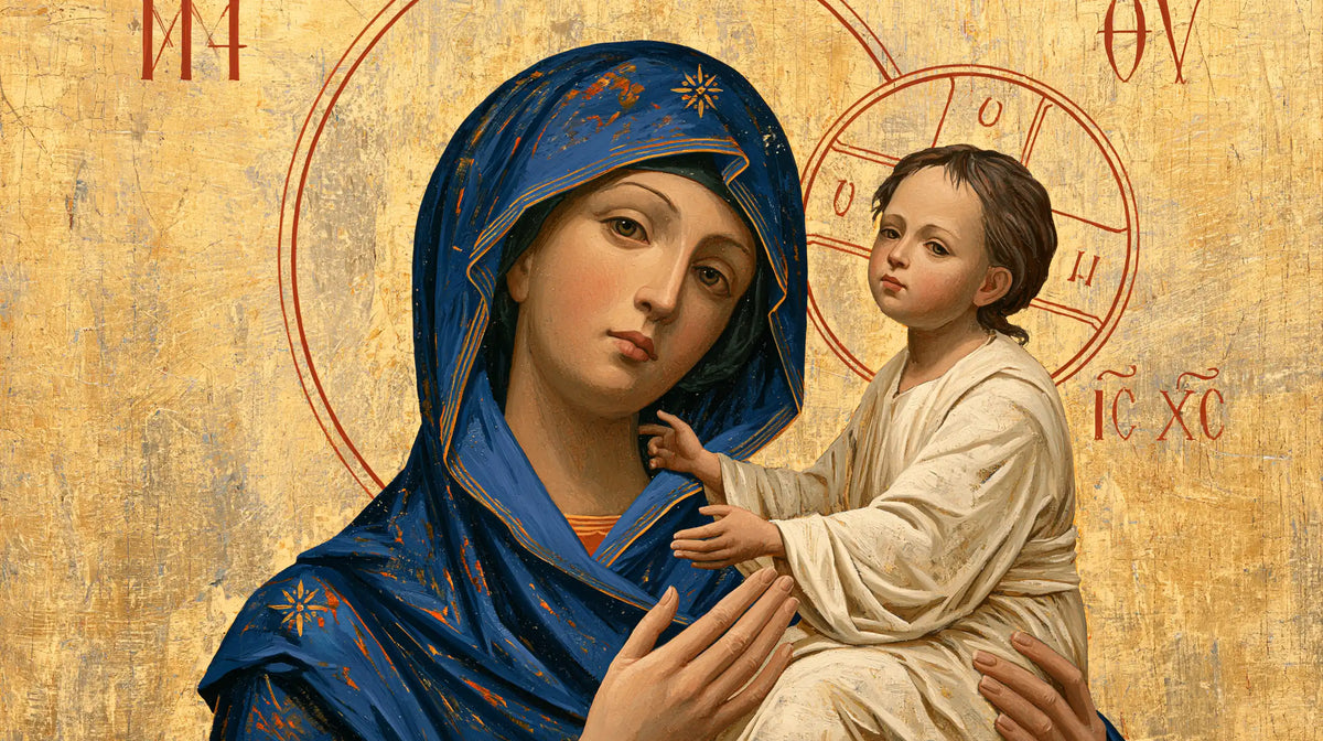 the Virgin Mary and the Child Jesus in Contemporary Byzantine style, landscape Christian artwork no. 17