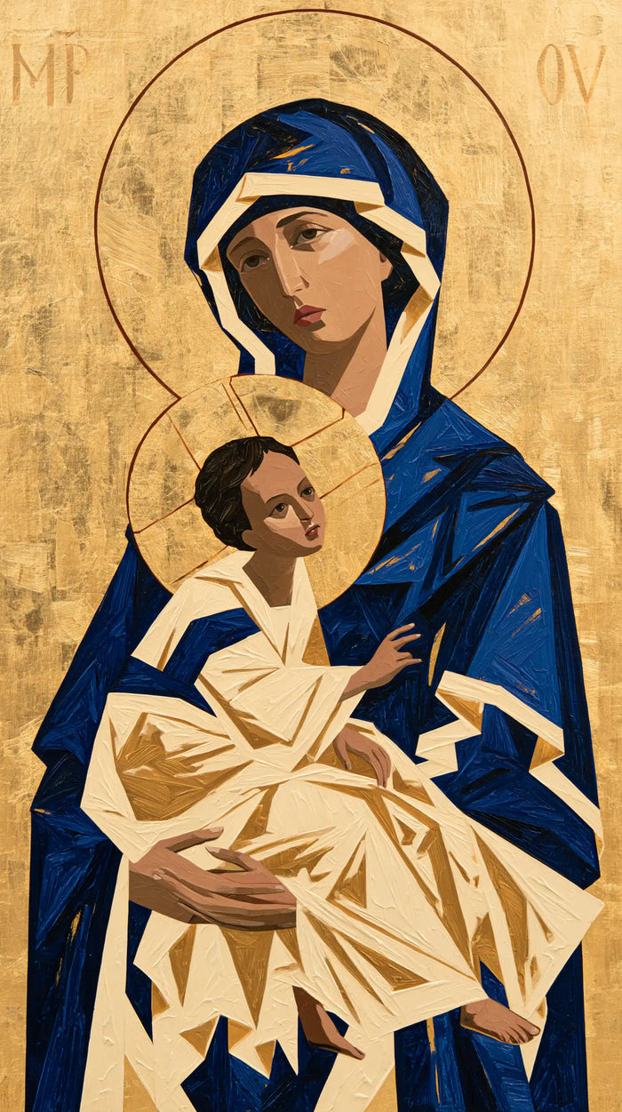 The Virgin and Child — Golden Folds in Blue Arms