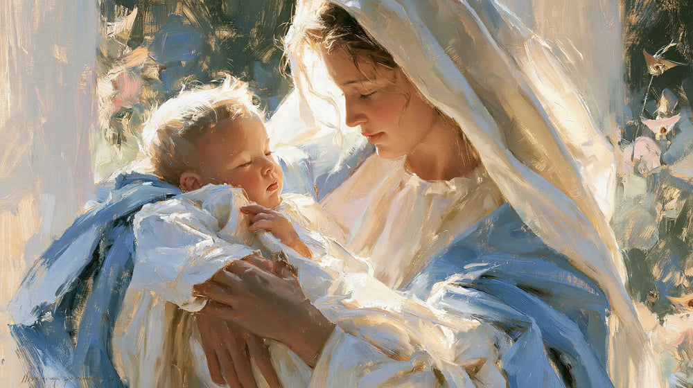 the Virgin Mary and the Child Jesus together in Impressionist style, landscape Christian artwork no. 16