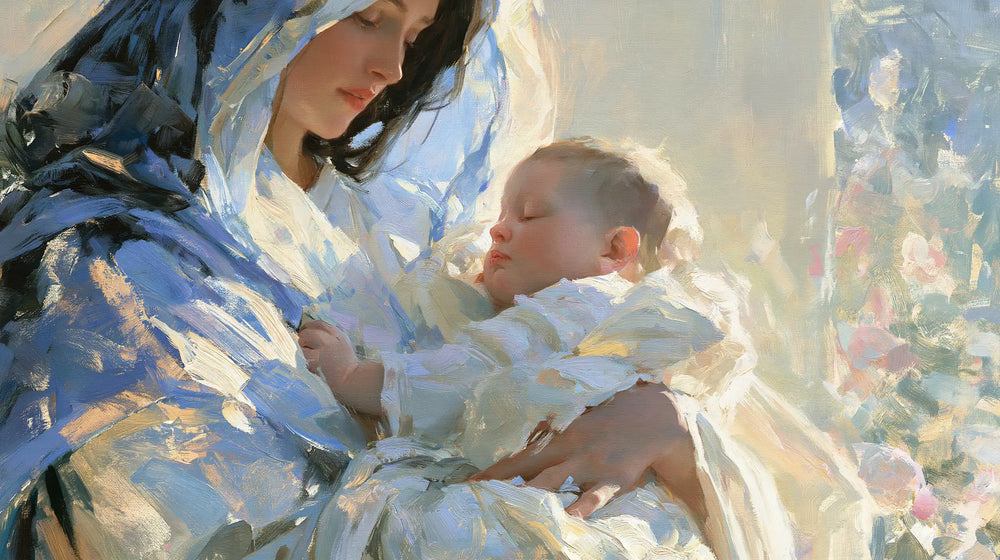 the Virgin Mary and the Child Jesus together in Impressionist style, landscape Christian artwork no. 20