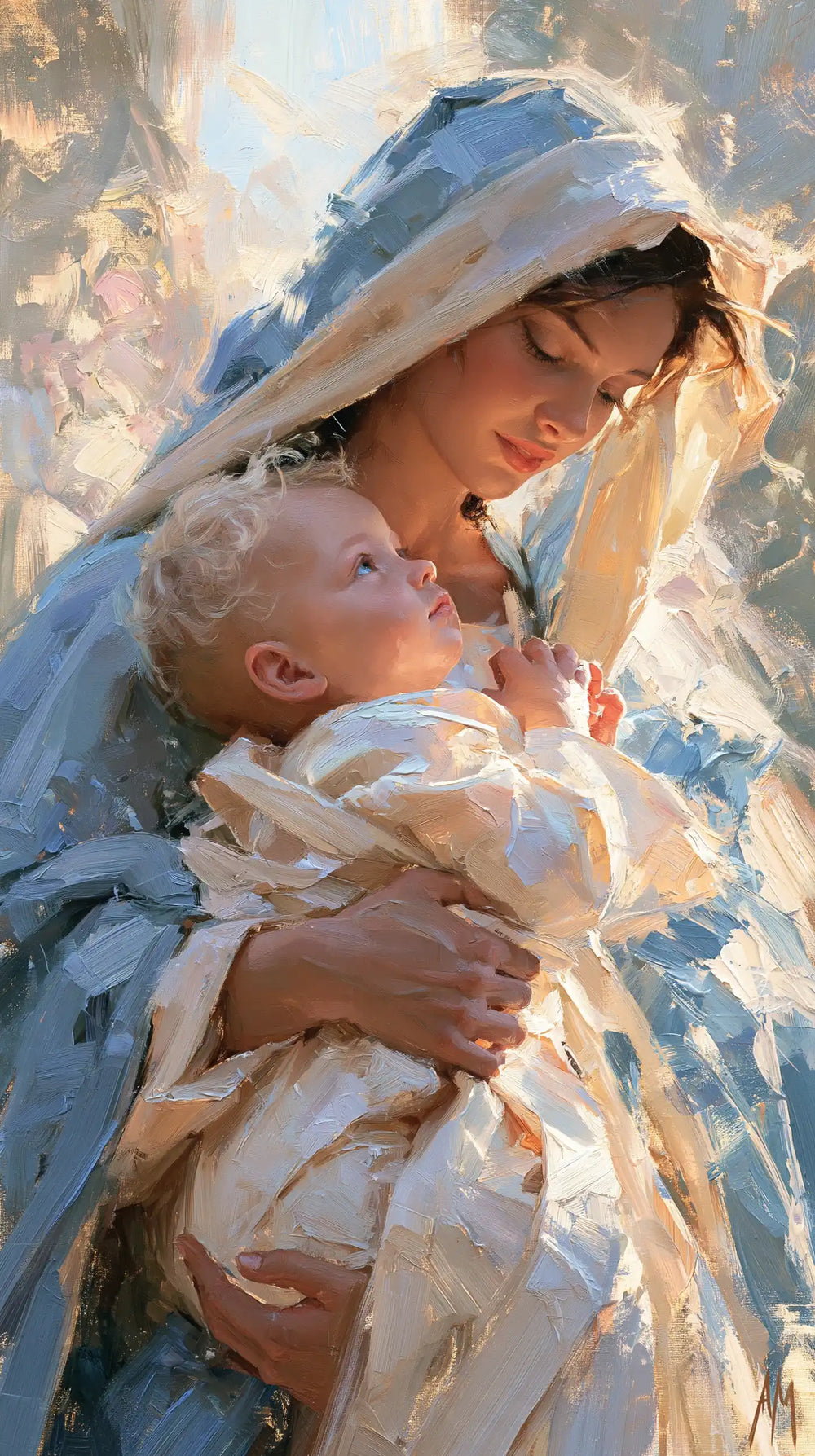 the Virgin Mary and the Child Jesus together in Impressionist style, portrait Christian artwork no. 9