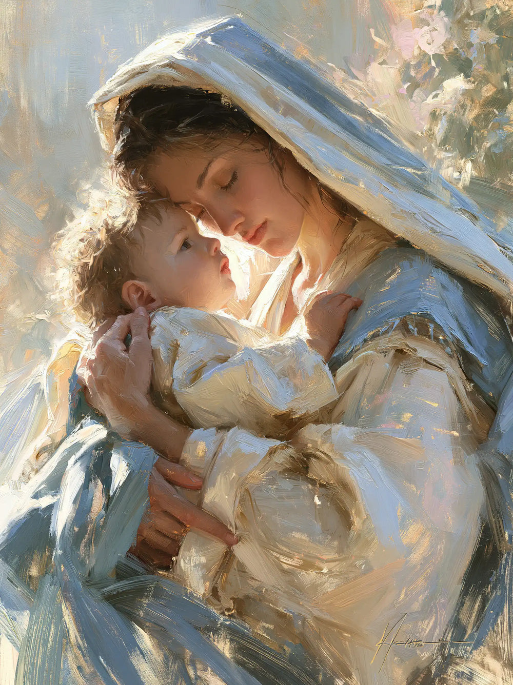 the Virgin Mary and the Child Jesus together in Impressionist style, portrait Christian artwork no. 13