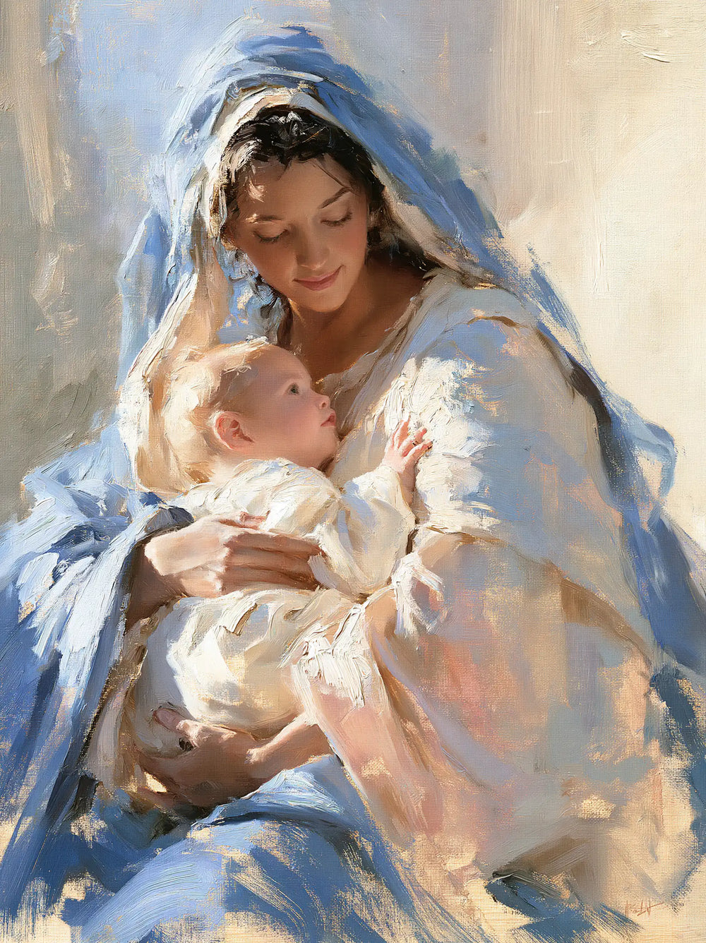 the Virgin Mary and the Child Jesus together in Impressionist style, portrait Christian artwork no. 17